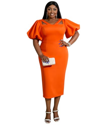 Amazon.com: AOMEI Women's Plus Size Square Neck Orange Dress Puff